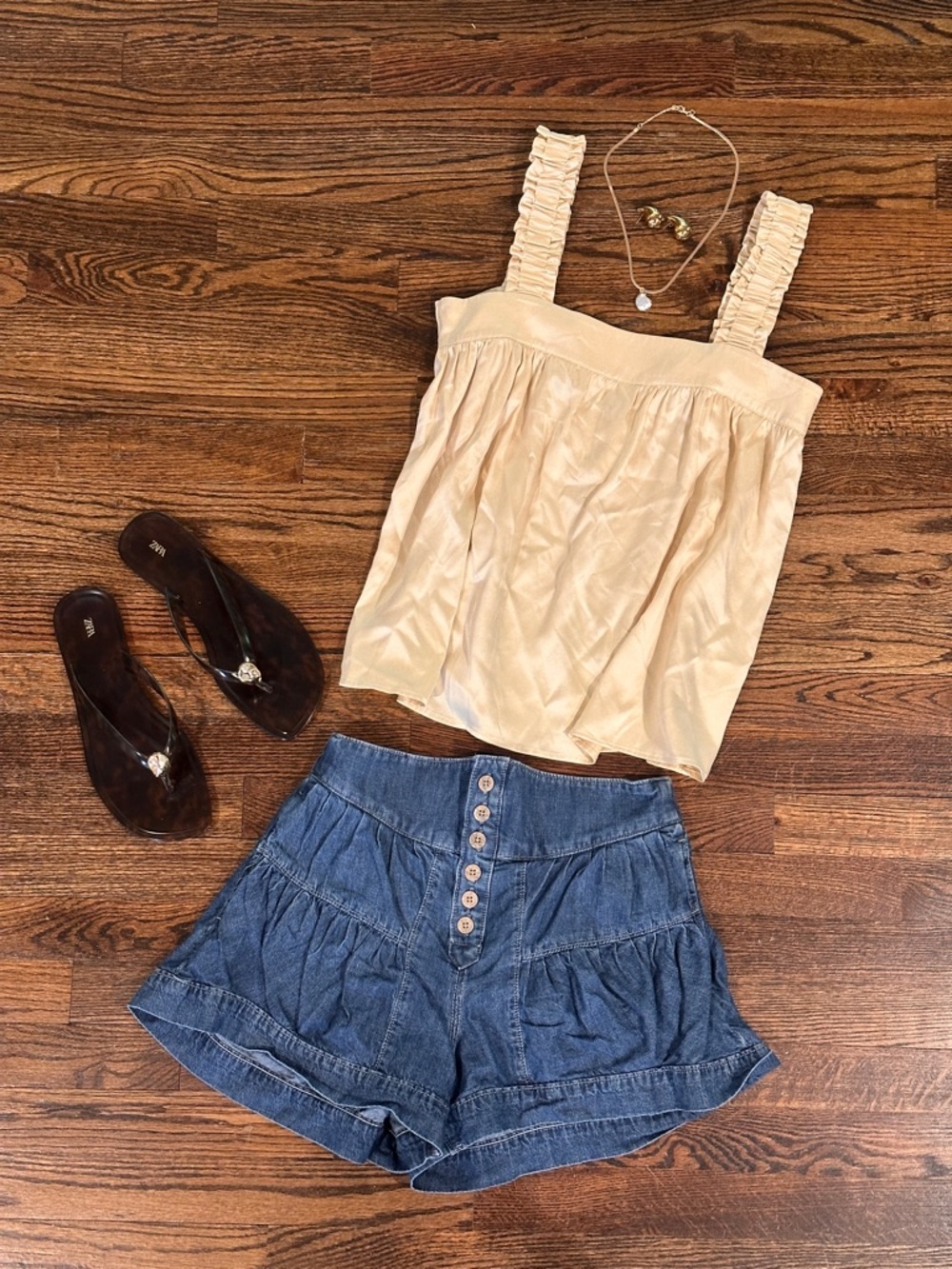 Beige 100% silk Ruffled Strap Women's Tank Top - Square Neck